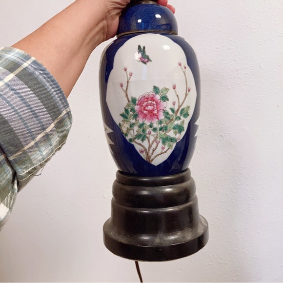 Vintage Other - Chinese Ginger Porcelain Table Lamp Cobalt Blue Exotic Birds Flowers Glaze 12”
